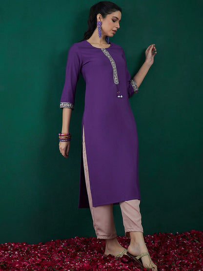 Dhiyona IE Purple Ethnic Motifs Yoke Design Thread Work Chanderi Silk Straight Kurta