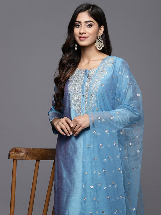 Dhiyona VA Women'sFloral Embroidered Chanderi Silk Kurta With Trousers & Dupatta