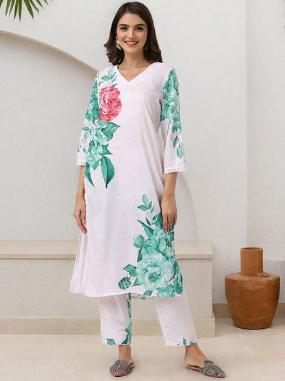 Dhiyona IS Women's Women Floral Printed V Neck Kurta With Trousers