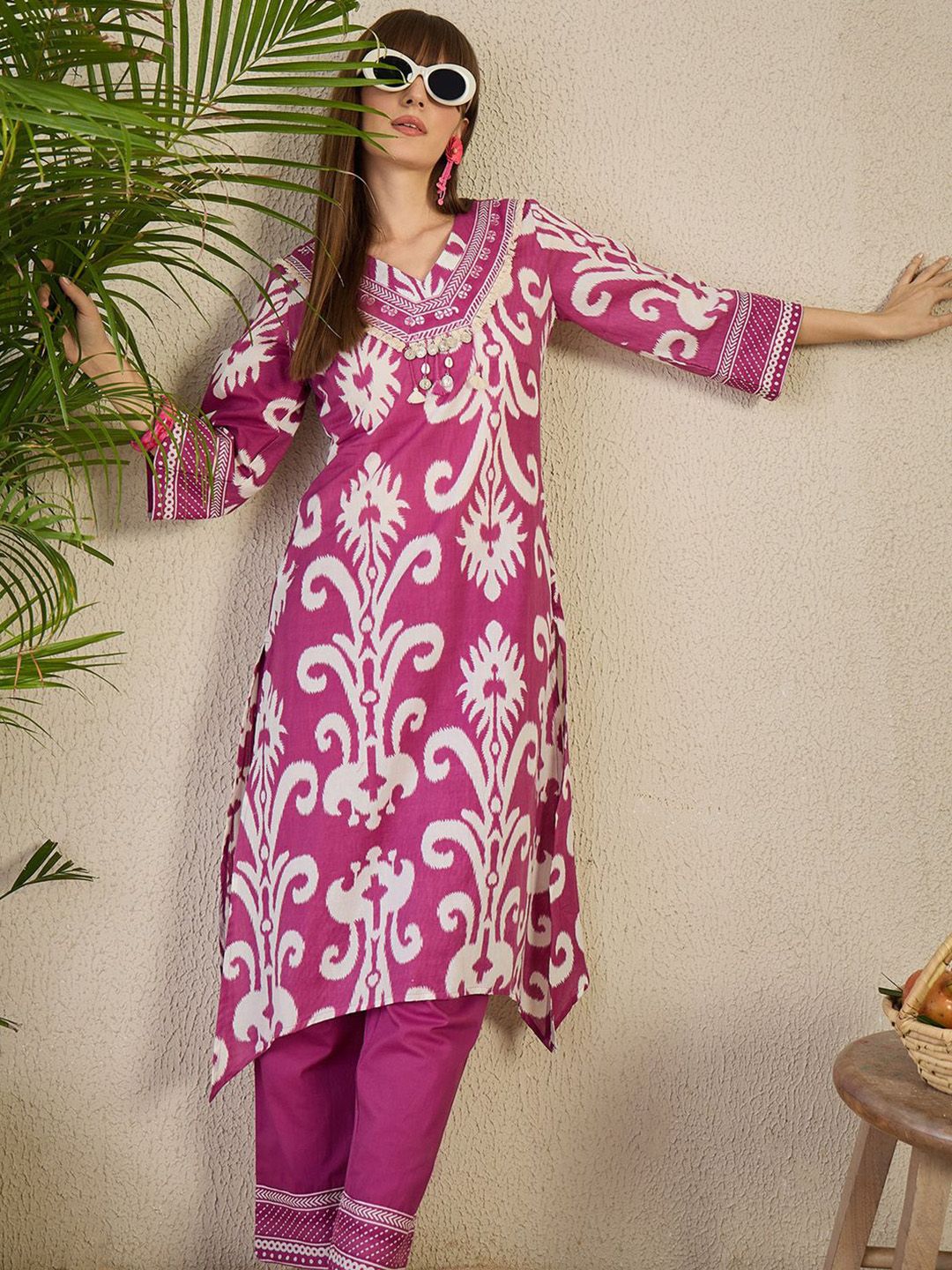 Adults-Women Ethnic Motifs Printed Cotton A-Line Kurta with Trousers