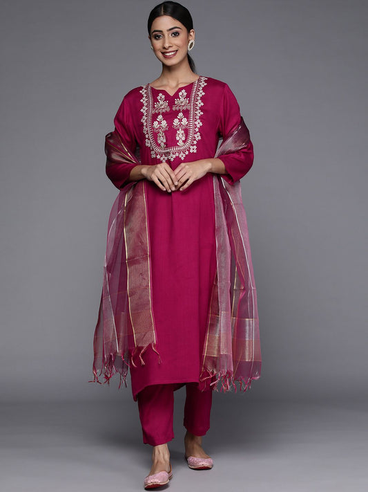 Dhiyona VA Women's Maroon Yoke Design Mirror Work Kurta with Trousers & Dupatta