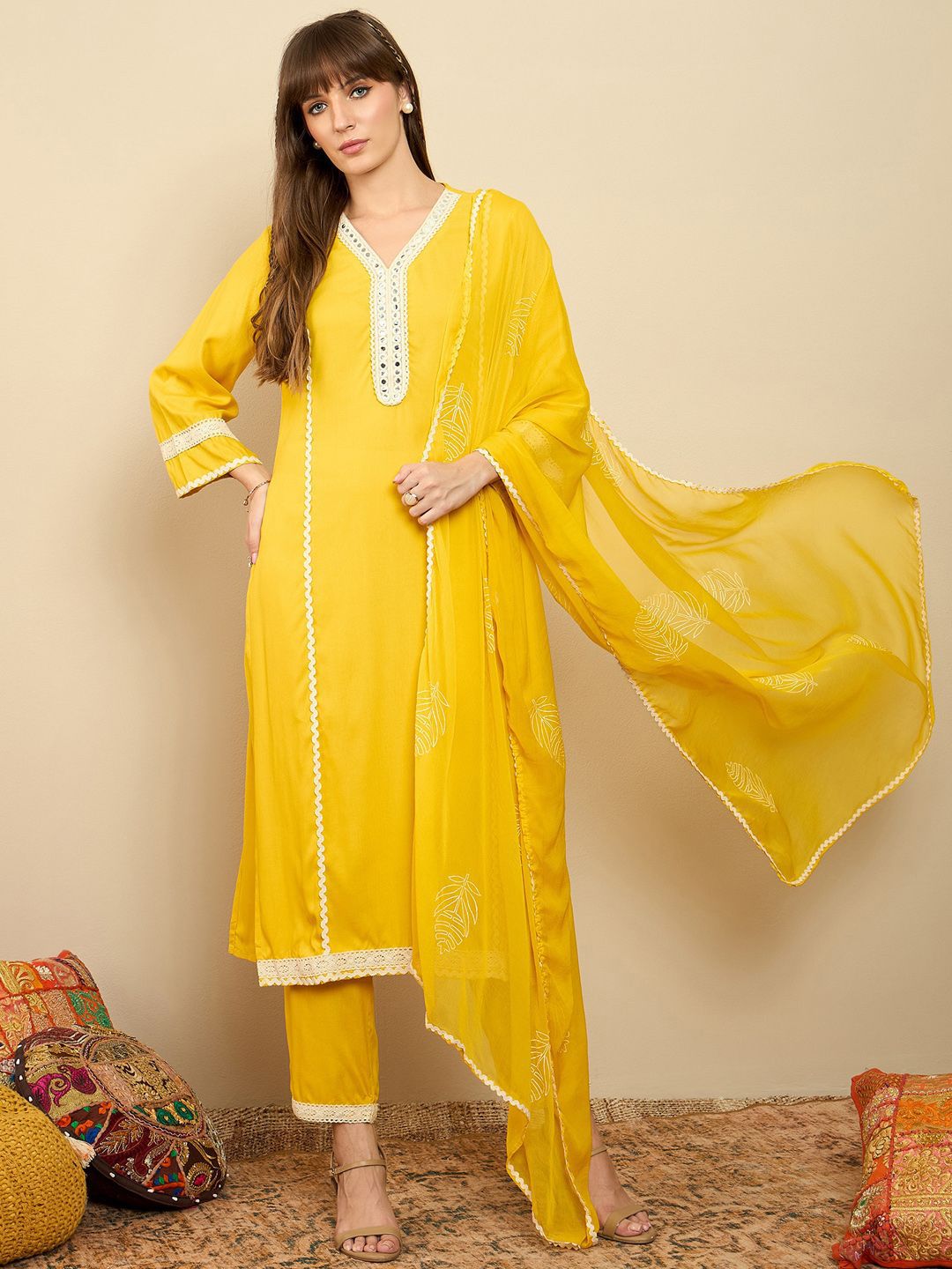 Dhiyona IE Straight Mirror Work Kurta with Trousers & Dupatta
