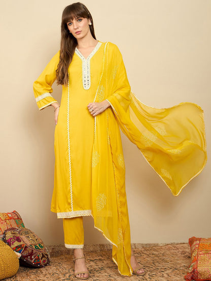 Dhiyona IE Straight Mirror Work Kurta with Trousers & Dupatta