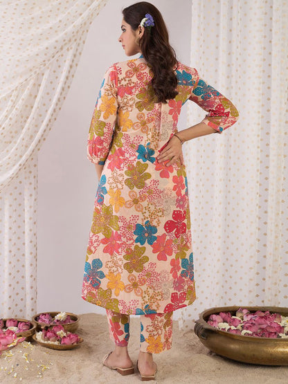 Dhiyona IE Floral Printed Mandarin Collar Pure Cotton A-Line Kurta With Trouser