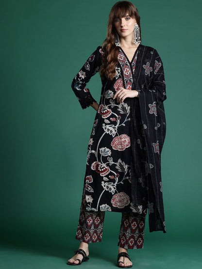Dhiyona IE Floral Printed Sequinned Pure Cotton Kurta With Trousers & Dupatta