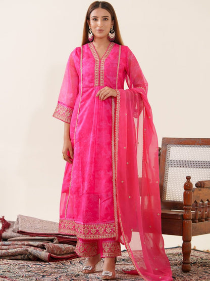 Dhiyona PD Women Floral Embroidered V-Neck Organza A-Line Kurta With Trousers & Dupatta