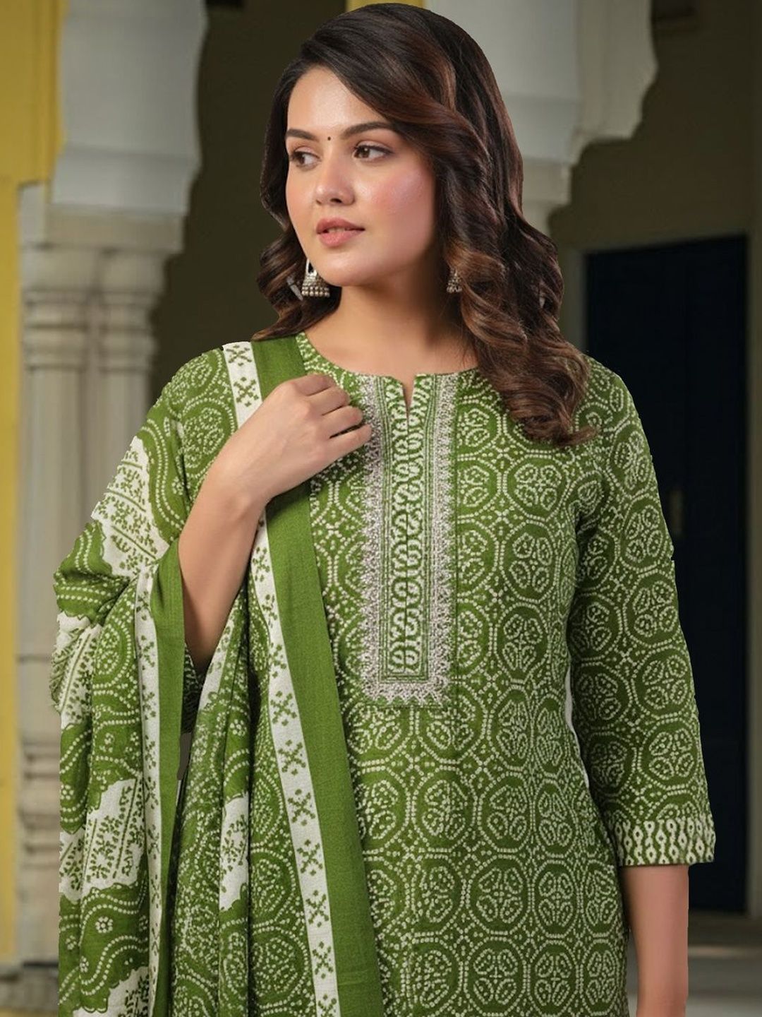 Women Ethnic Motifs Printed Regular Thread Work Pure Cotton Kurta with Trousers & With Dupatta