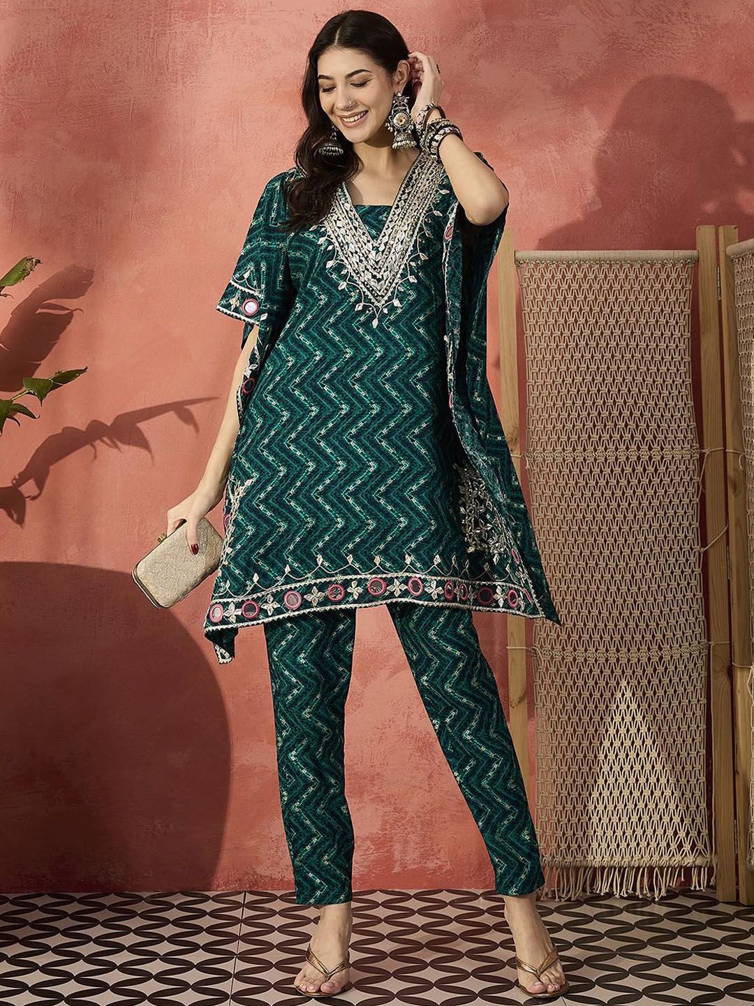 Dhiyona IS Women's Women Mirror Work Kurta with Trousers