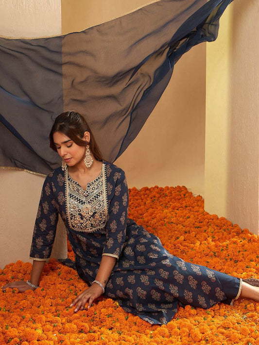 Dhiyona IE Ethnic Motifs Printed Sequinned Pure Cotton Kurta with Palazzos & Dupatta