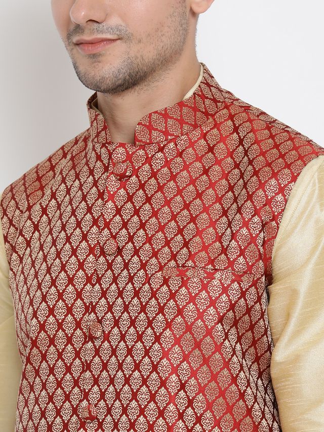 Men's Rose Gold Silk Blend Straight Jacket  Kurta and Dhoti Set