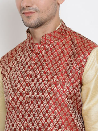 Men's Rose Gold Silk Blend Straight Jacket  Kurta and Dhoti Set