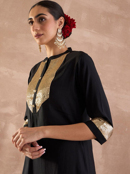 Embroidered Sequinned Straight Kurta With Trousers