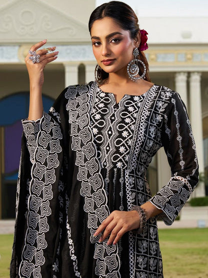 Women Ethnic Motifs Embroidered Panelled Thread Work Pure Cotton Kurta with Trousers & With Dupatta