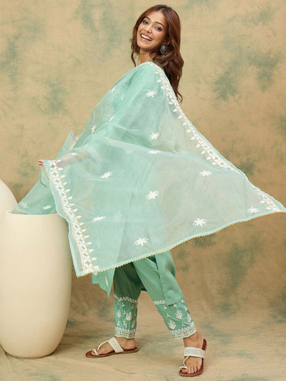 Dhiyona VA Women's Ethnic Motifs Embroidered Round Neck Straight Kurta with Trousers & Dupatta