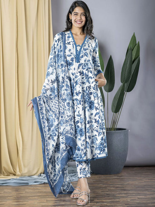 Dhiyona KL Floral Printed V-Neck Anarkali Pure Cotton Kurta With Trousers And Dupatta