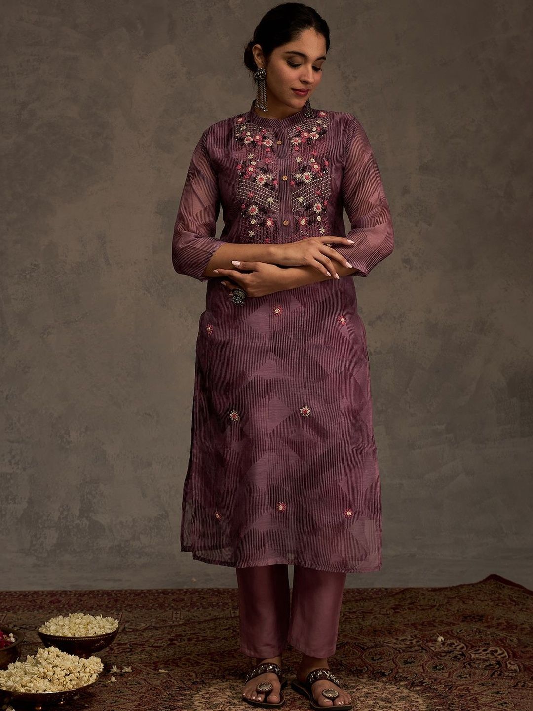 Women Floral Embroidered Thread Work Kurta with Trousers & Dupatta