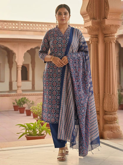 Women Ethnic Motifs Printed Pure Cotton Straight Kurta with Trousers & Dupatta
