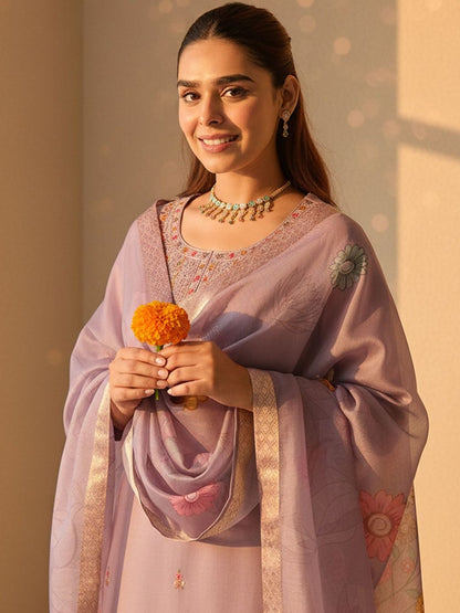 Floral Printed Thread Work Straight Kurta With Trousers & Dupatta