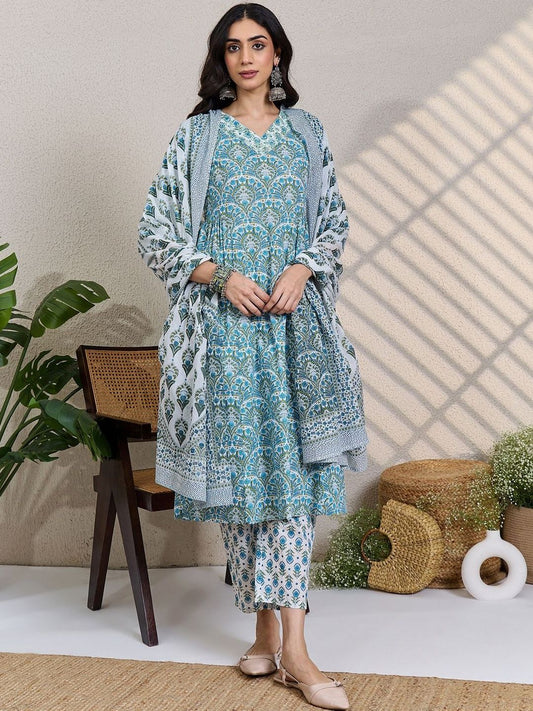 Ethnic Motifs Printed Thread Work Pure Cotton Kurta With Trousers &