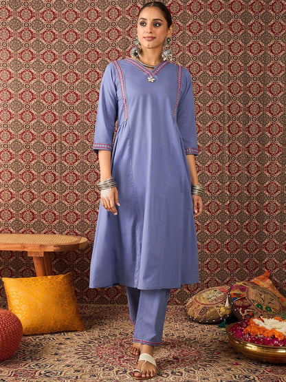 Women Solid Cotton A-Line Kurta with Trousers & Dupatta