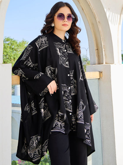 Women Geometric Printed Mandarin Collar Regular Kaftan Kurta with Trousers