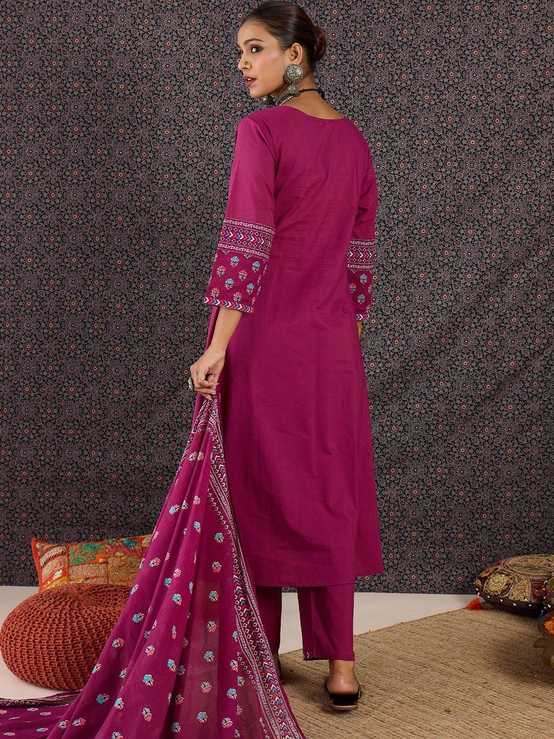 Floral Embroidered Round Neck Pure Cotton Straight Kurta With Trousers & Dupatta