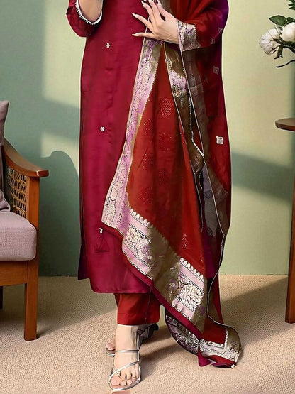 Dhiyona SN Women's Embroidered Pure Cotton Straight Kurta Pyjama & Dupatta Kurta Set