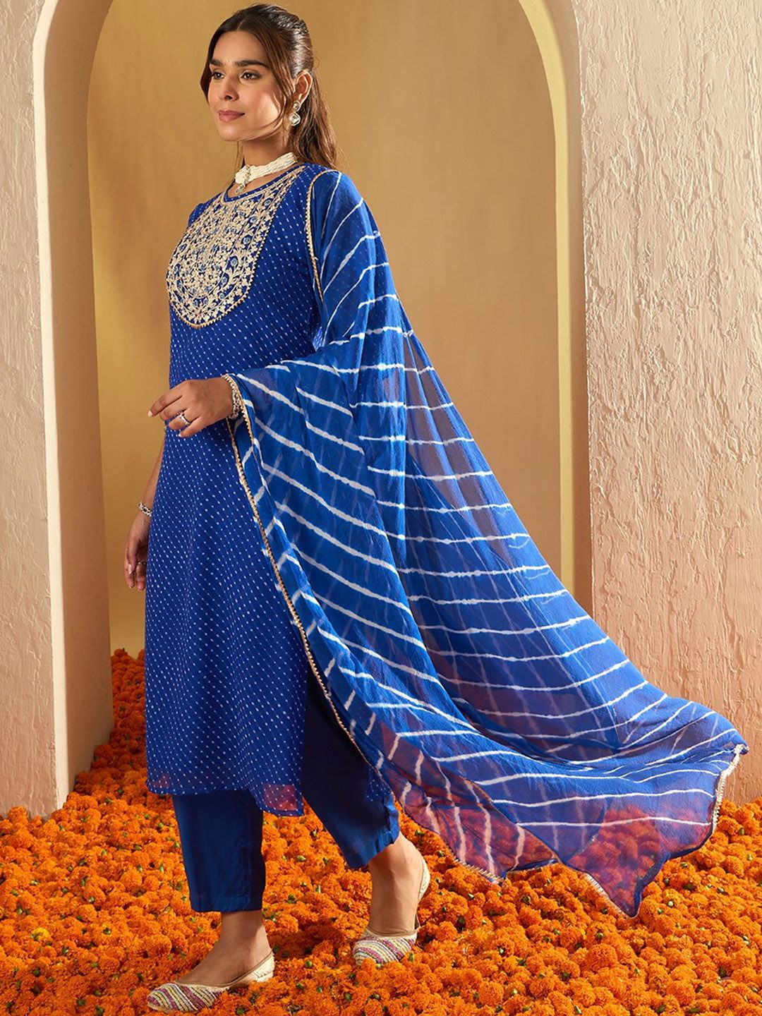 Leheriya Printed Thread Work Round Neck Georgette Kurta With Trousers & Dupatta