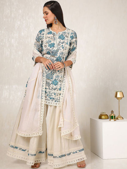 Dhiyona SO Women's Floral Printed Regular Gotta Patti Linen Straight Kurti with Palazzos & Dupatta
