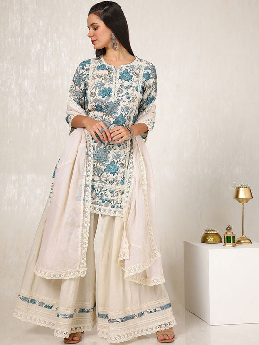 Dhiyona SO Women's Floral Printed Regular Gotta Patti Linen Straight Kurti with Palazzos & Dupatta