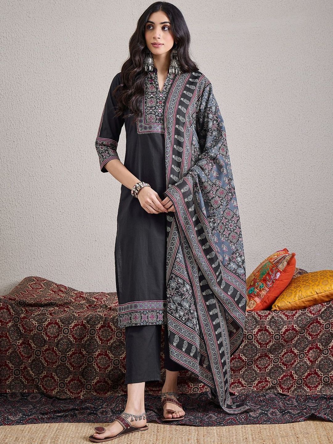Ethnic Motifs Printed Mirror Work Pure Cotton Kurta With Trousers & Dupatta