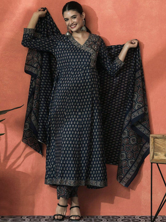 Dhiyona SN Women's Floral Printed Pure Cotton V-Neck Angrakha Kurta With Trousers And Dupatta
