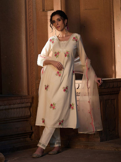 Dhiyona CH Floral Embroidered Sequinned Square Neck Straight Kurta With Trousers & Dupatta