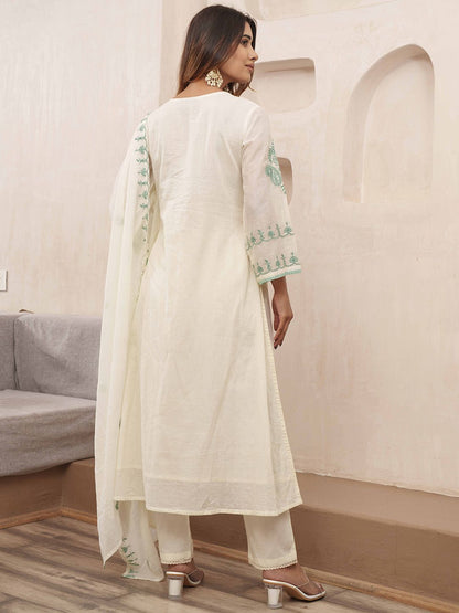 Dhiyona PD Women Floral Embroidered Pure Cotton Kurta & Trousers With Dupatta