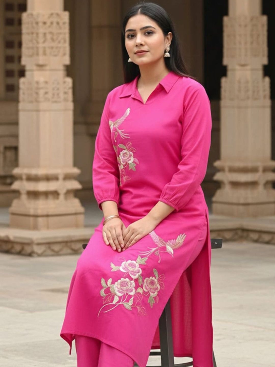 Women Floral Embroidered Regular Thread Work Pure Cotton Kurta with Trousers