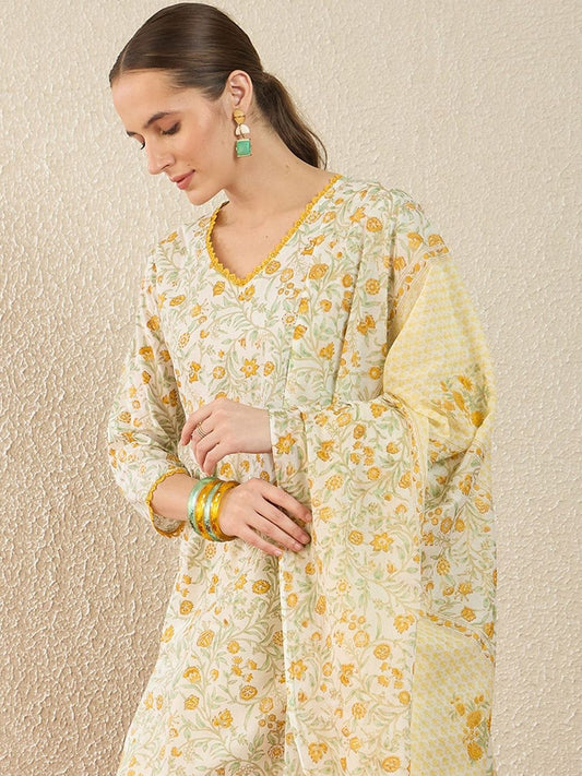 Floral Printed Pure Cotton Straight Kurta With Trousers & Dupatta