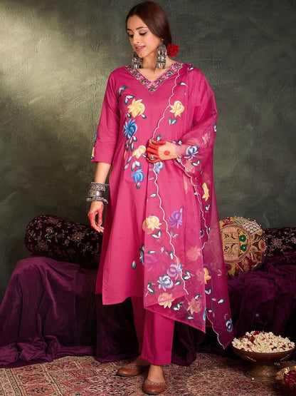 Women Floral Printed Cotton A-Line Kurta with Trousers & Dupatta