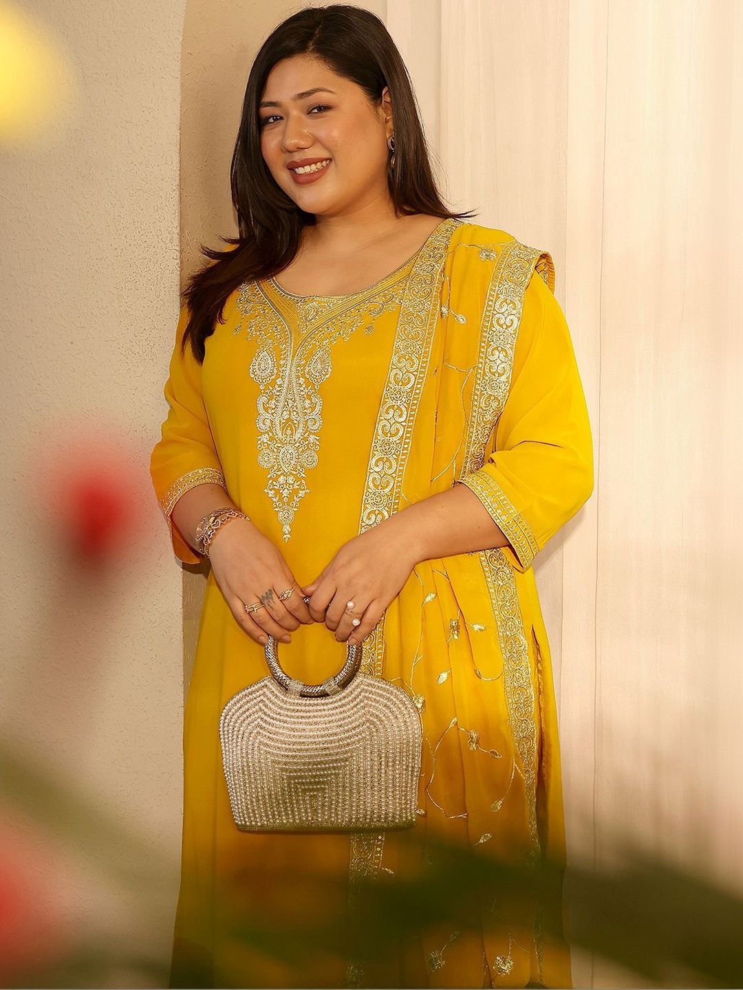 Dhiyona Women's Plus Size Ethnic Motifs Embroidered Kurta with Salwar & Dupatta