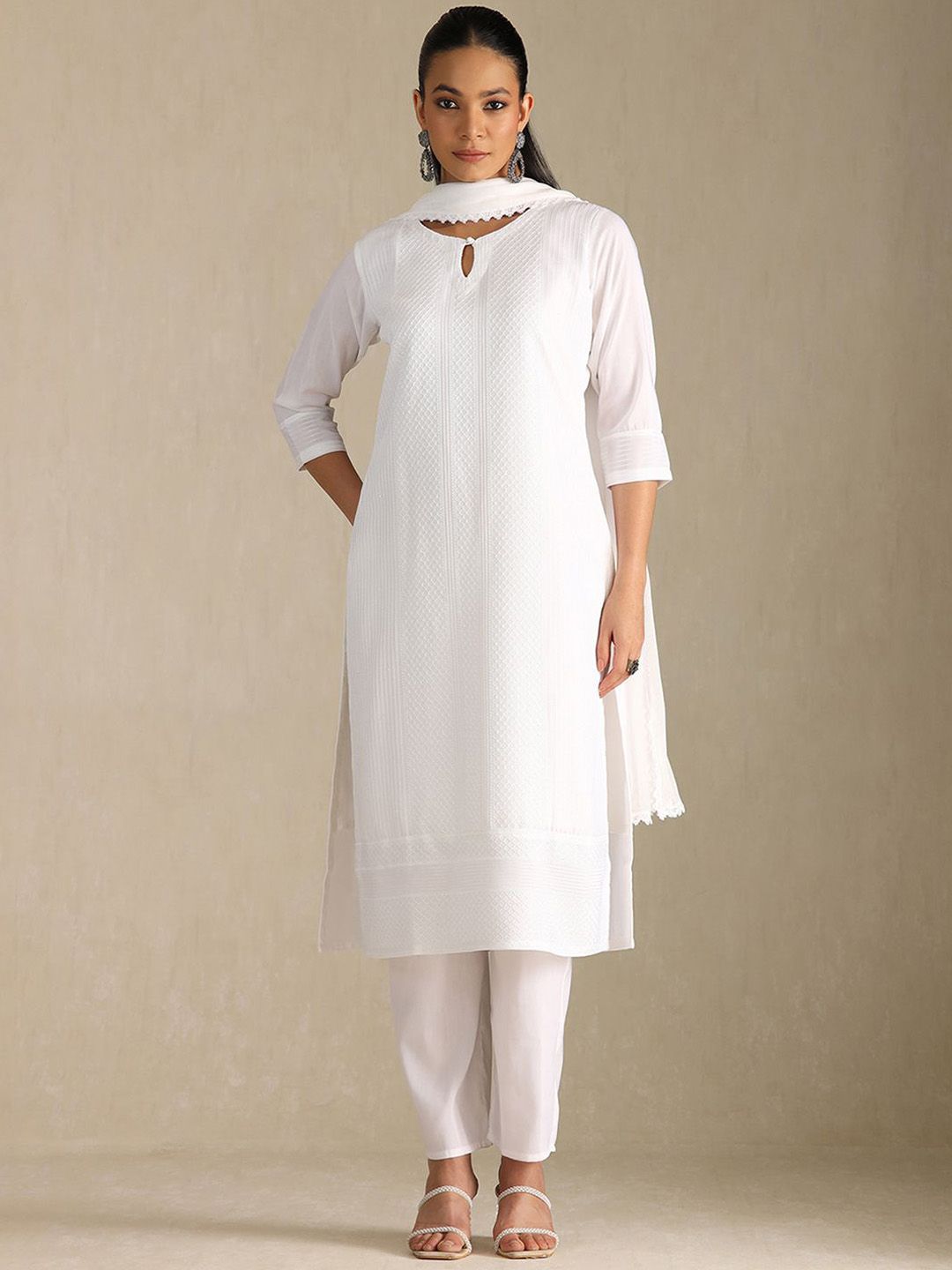 Dhiyona SO Women's Geometric Self Design Keyhole Neck Straight Kurta With Trousers & Dupatta