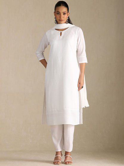 Dhiyona SO Women's Geometric Self Design Keyhole Neck Straight Kurta With Trousers & Dupatta