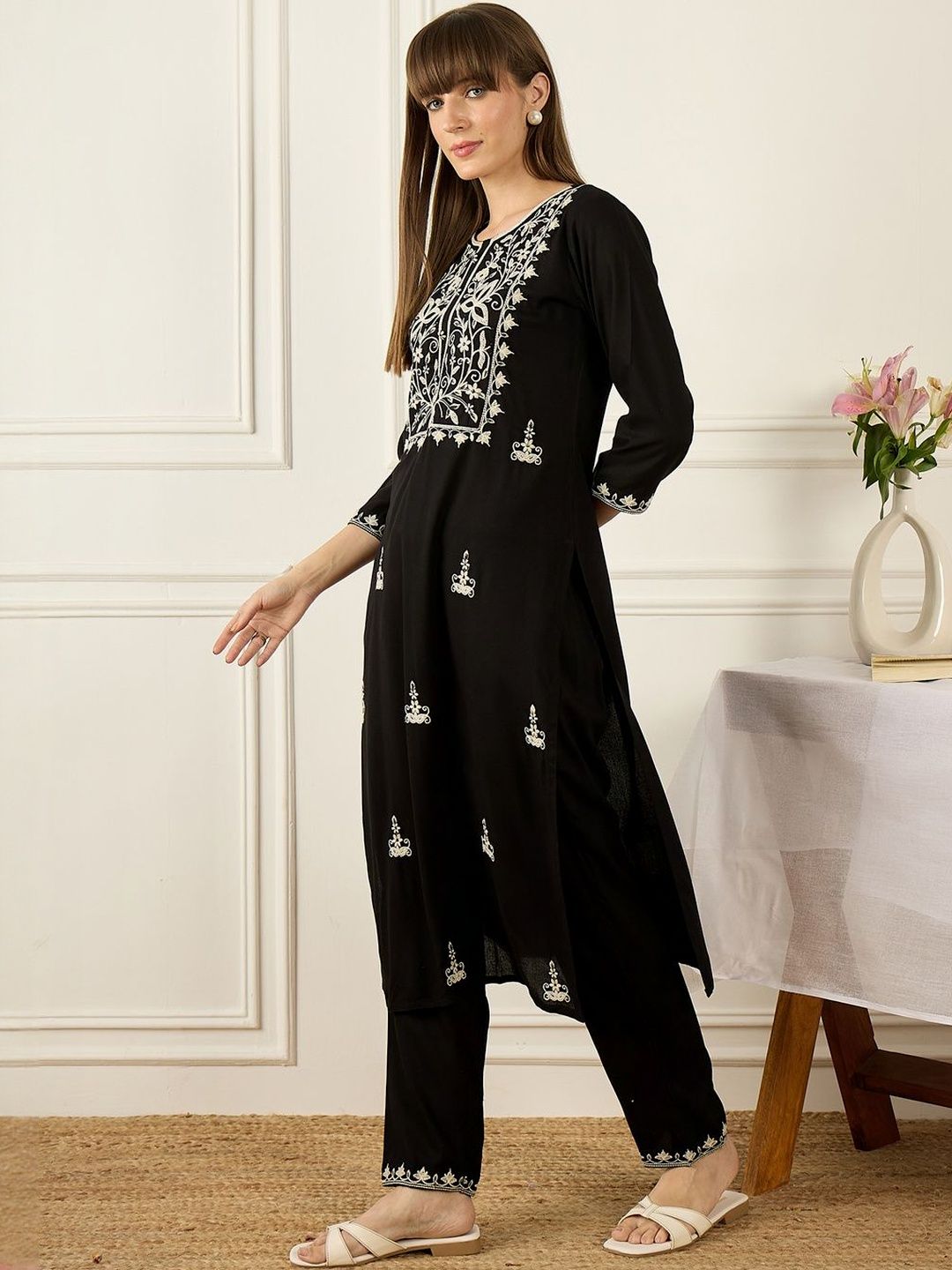 Floral Yoke Design Thread Work Pure Cotton Kurta With Palazzos