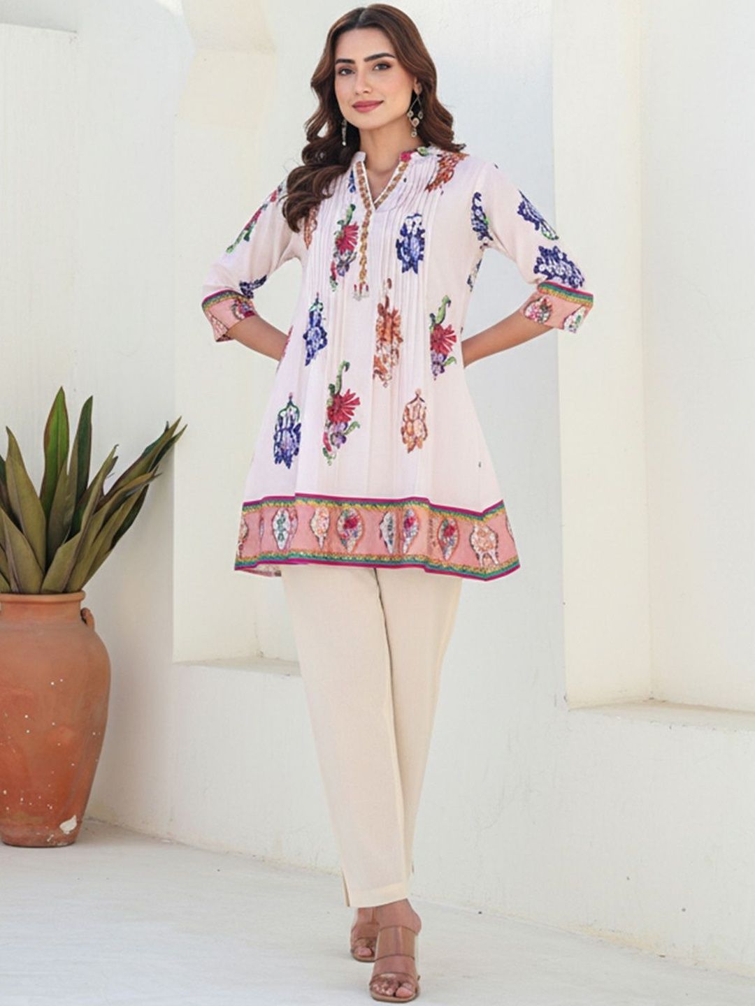 Floral Printed Pleated Pure Cotton Mandarin Collar Kurta With Trouser
