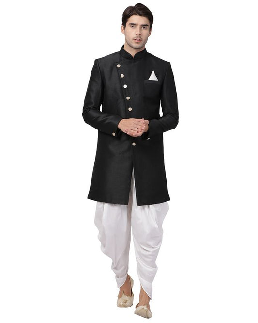 Men's Black Silk Blend Straight Sherwani Set