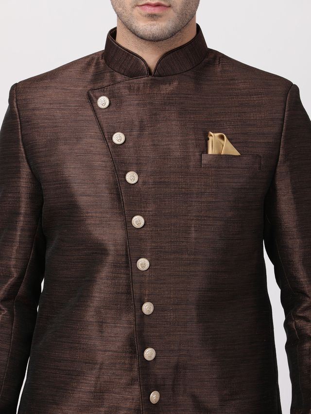 Men's Brown Silk Blend Straight Sherwani Set