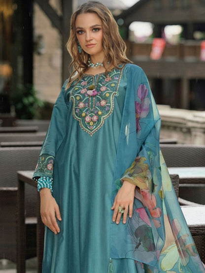 Women Floral Embroidered Regular Thread Work Liva Kurta with Trousers & With Dupatta