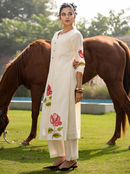 Dhiyona IE Floral Printed Mandarin Collar Pure Cotton A-Line Kurta With Trouser