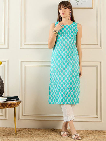 Dhiyona IE Ethnic Motifs Embroidered Round Neck Thread Work Cotton Straight Kurta