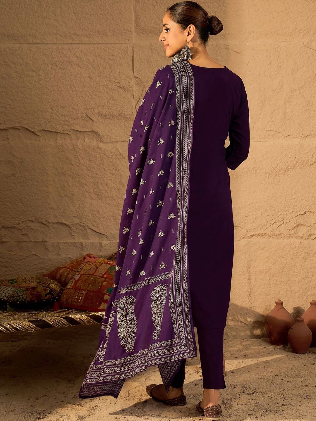 Floral Embroidered Mirror Work Pure Cotton Kurta With Trousers & Dupatta