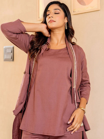 Women Solid Cotton Top with Palazzo & Jacket