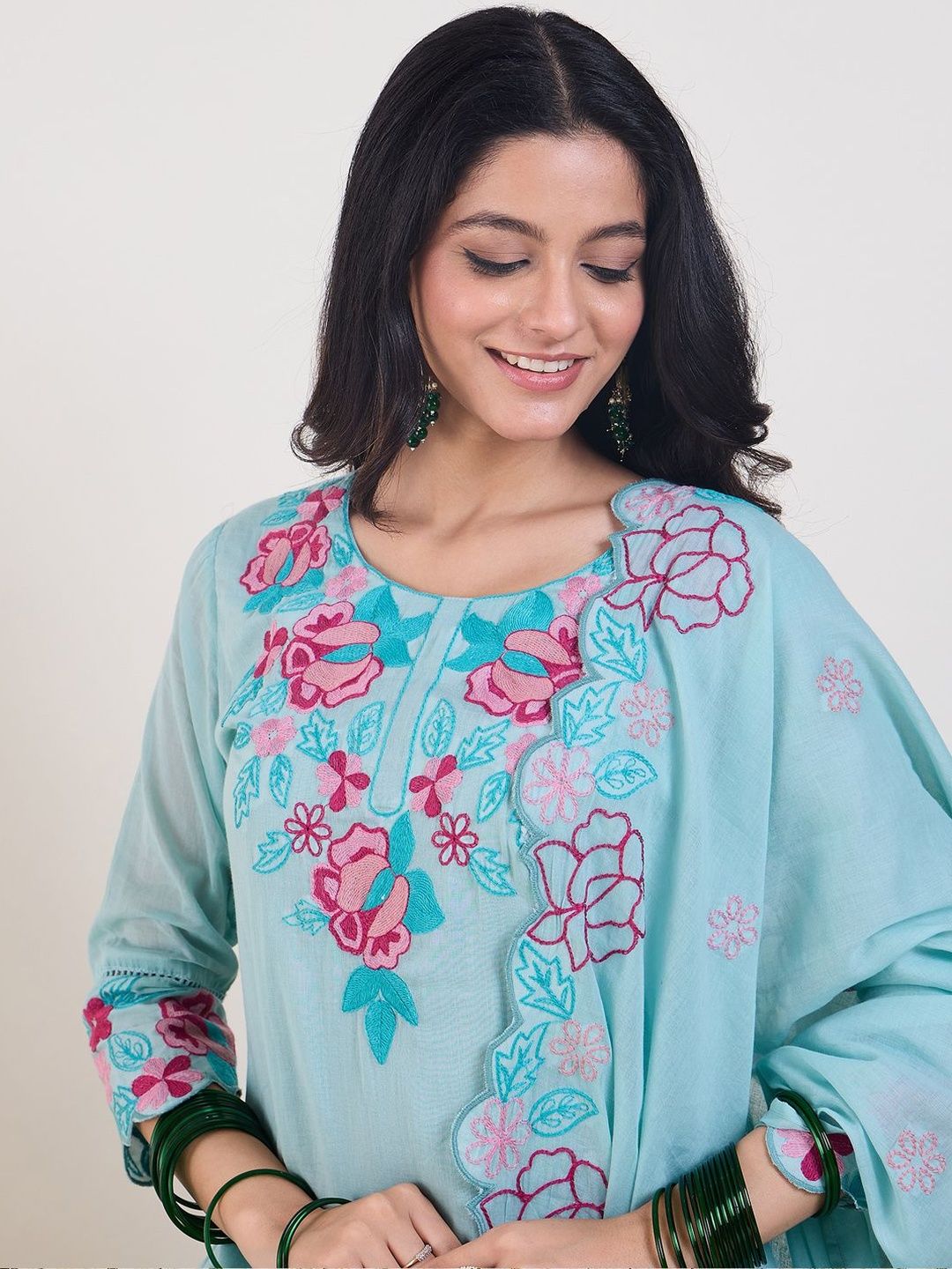 Floral Embroidered Thread Work Pure Cotton Straight Kurta & Trousers With Dupatta